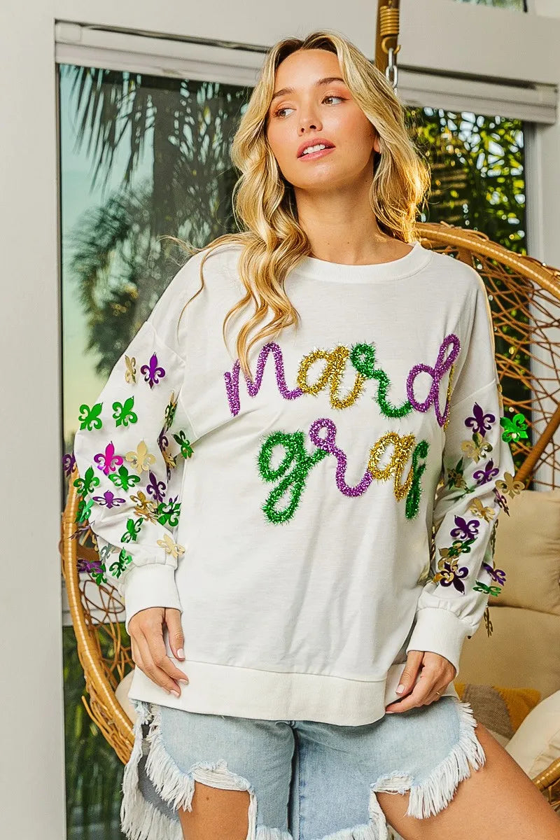 BiBi Fleur De Lis Sleeve Mardi Gras Pullover 