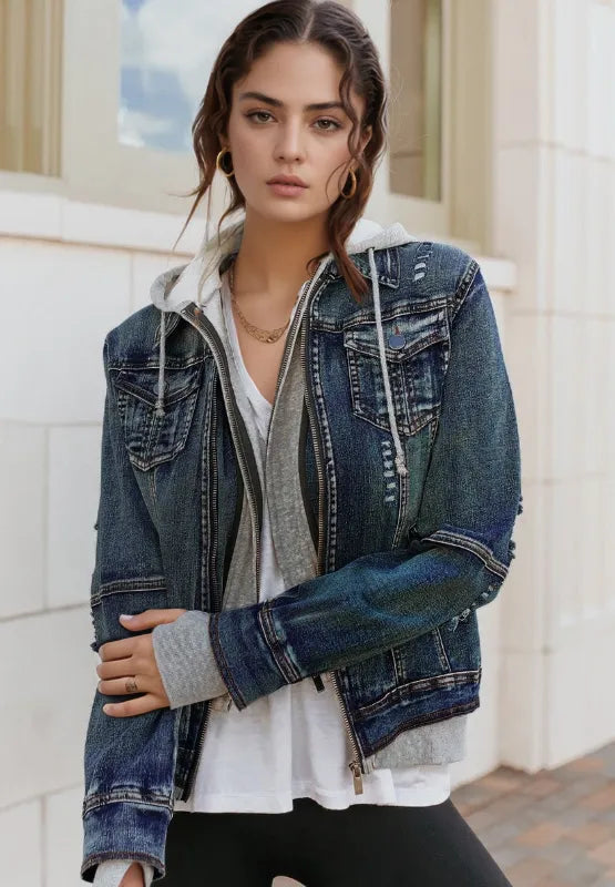 Fake Two-Piece Hooded Zip-Up Denim Jacket 