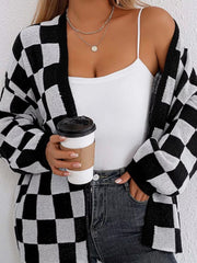 Checkerboard Pattern Open Front Knit Cardigan 