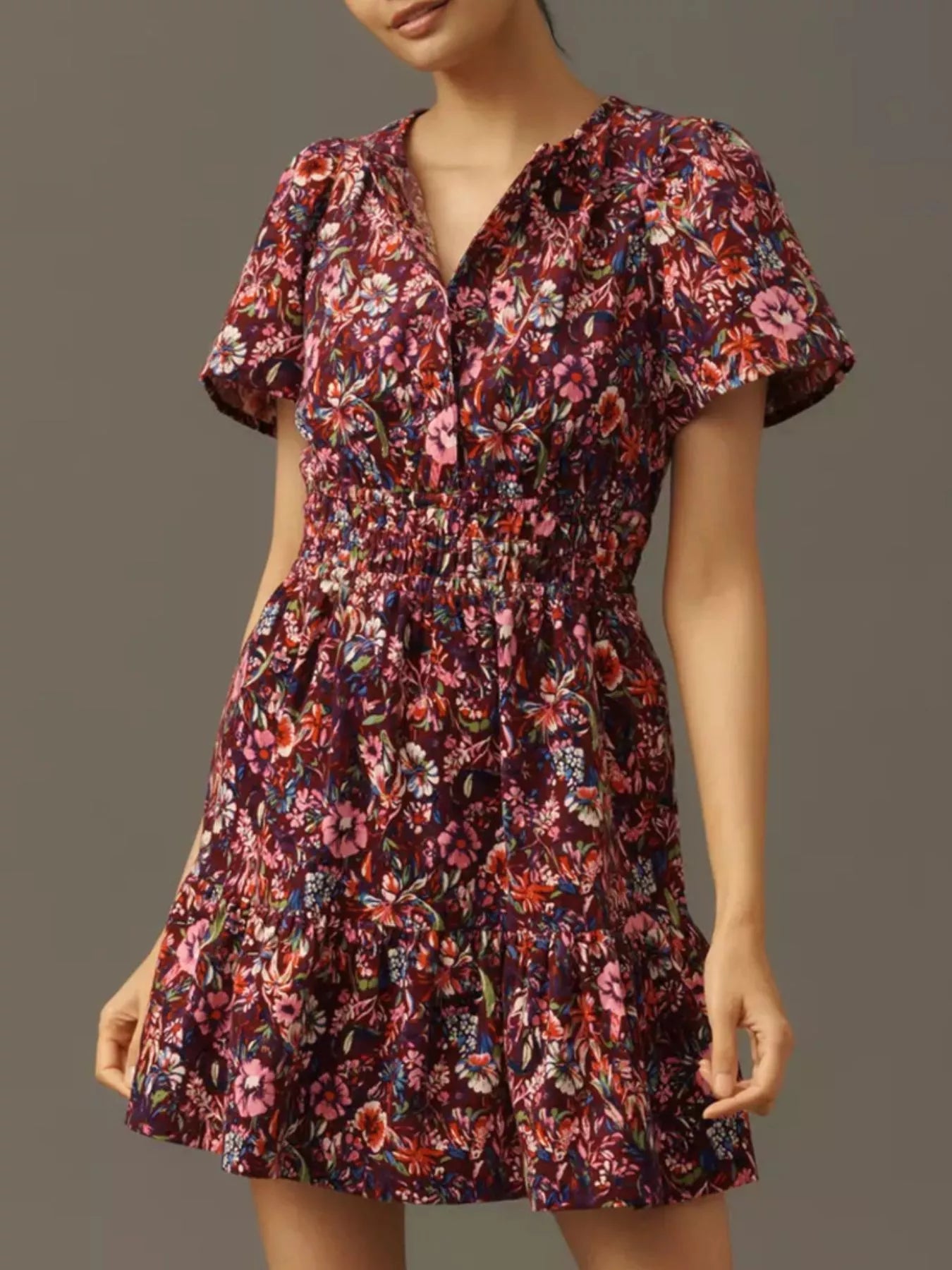 Printed Notched Short Sleeve Dress 