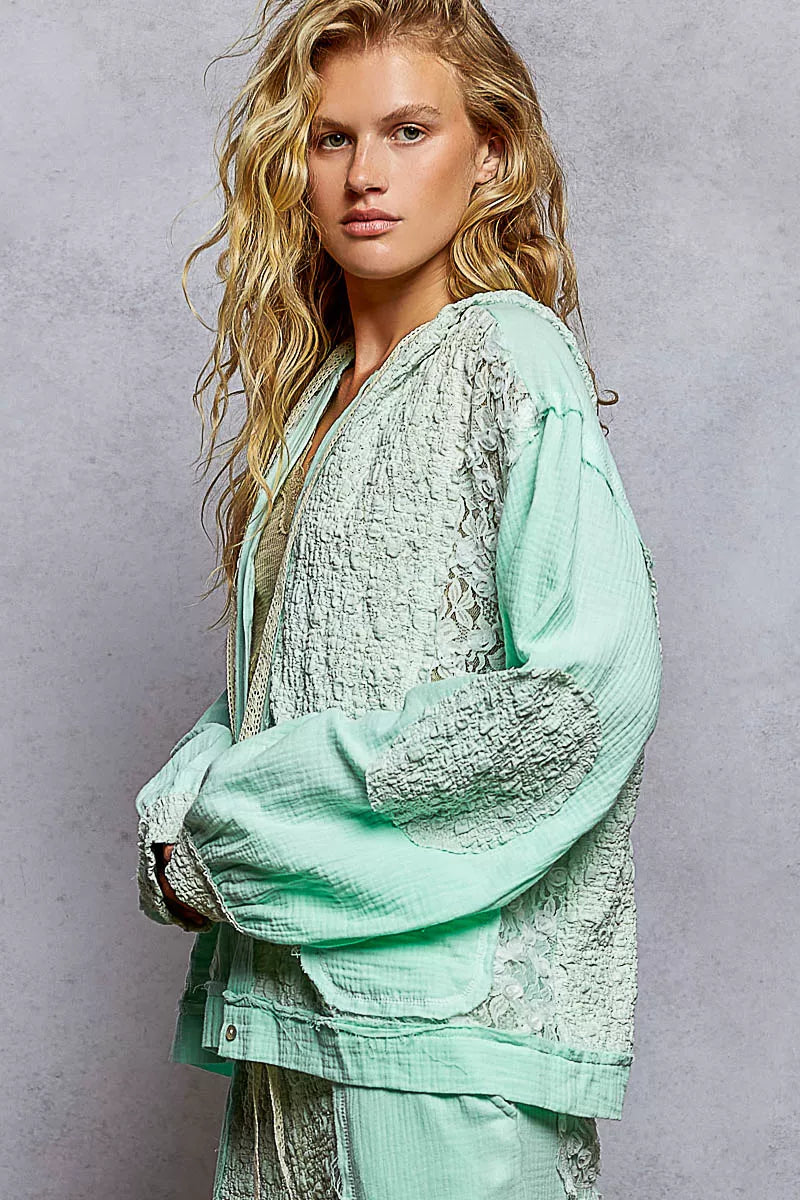 POL Exposed Seam Button Down Hooded Jacket with Lace Detail 