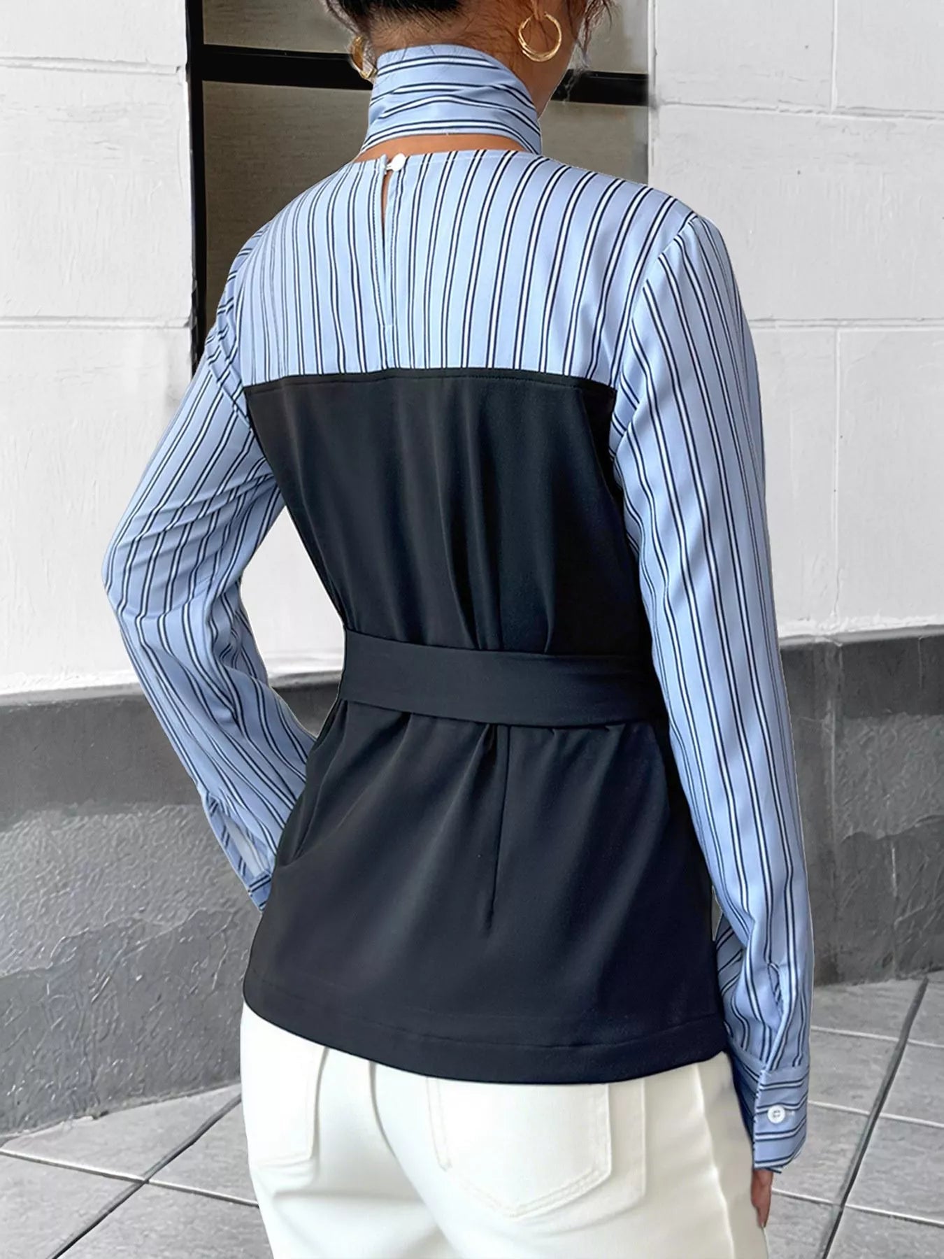 Striped Long Sleeve Blouse with Bow Tie 