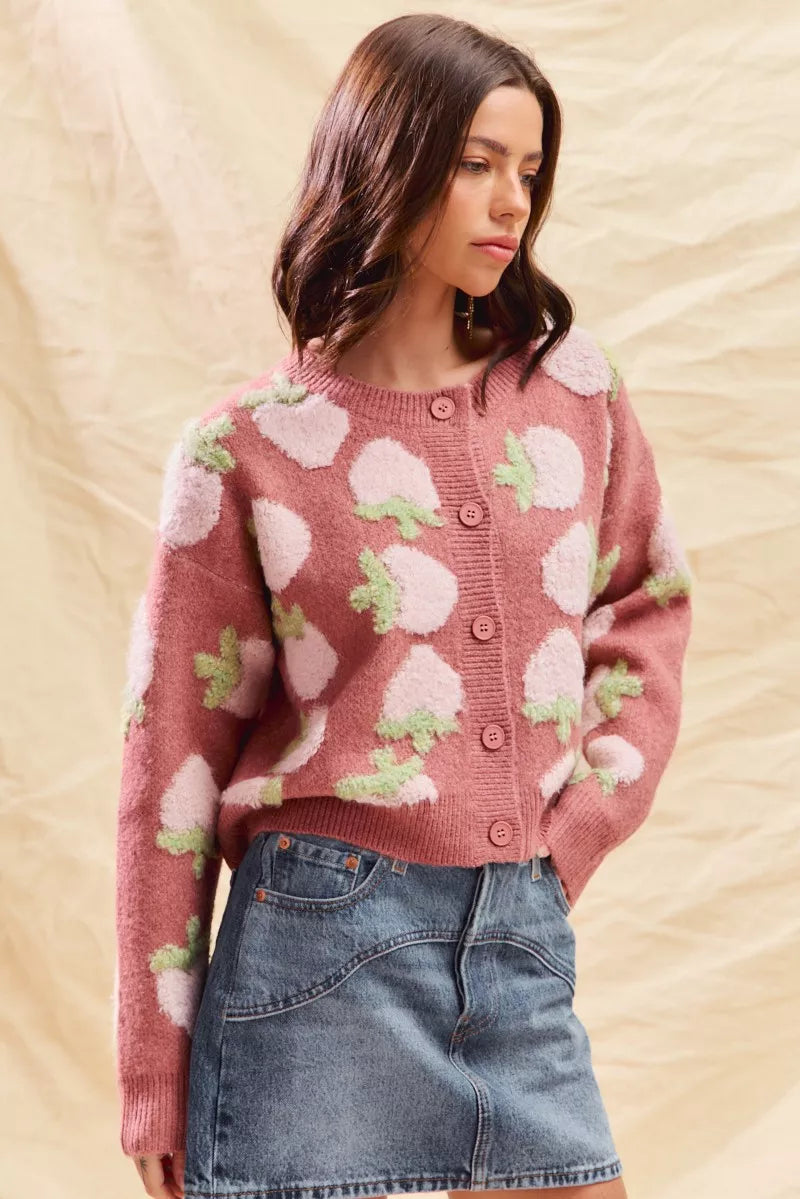 SO ME Strawberry Fruit All Over Button Sweater Cardigan 