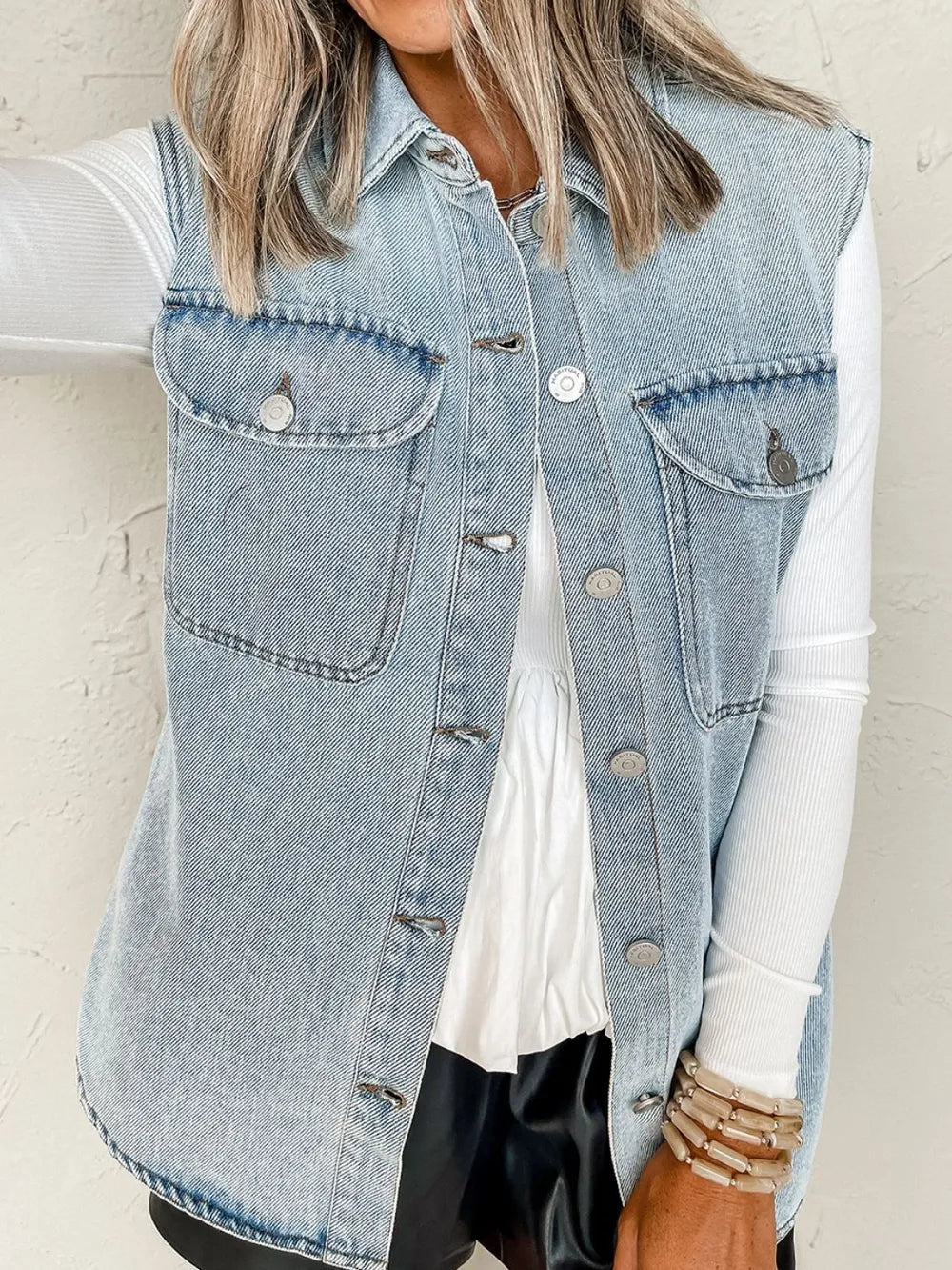 Collared Neck Button Up Denim Vest 
