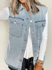 Collared Neck Button Up Denim Vest 