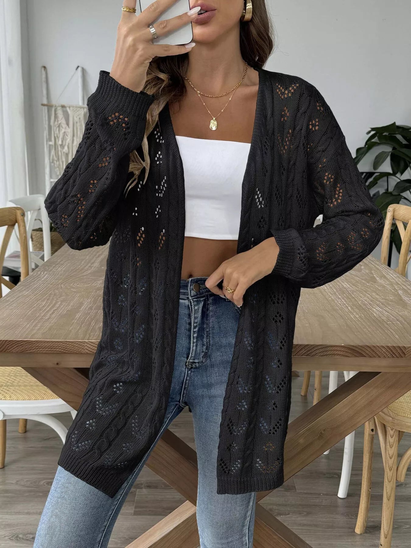 Openwork Open Front Knit Cardigan 