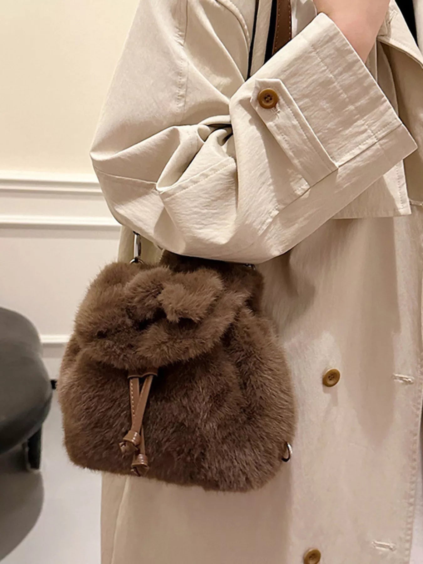 Fuzzy Plush Drawstring Backpack Bag 