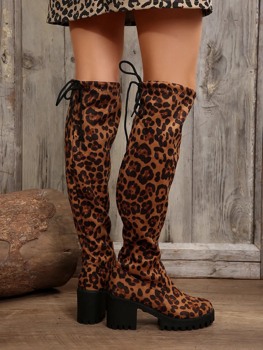 Leopard Round Toe Block Heel Boots 