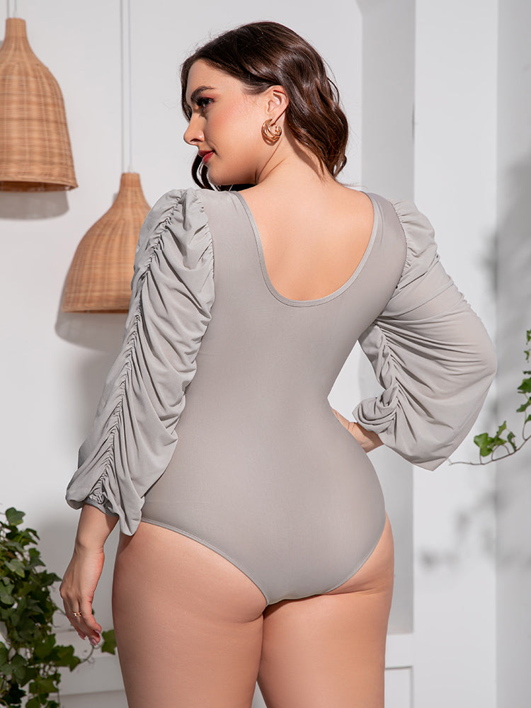 Plus Size Tied Deep V Balloon Sleeve One-Piece Swimsuit 