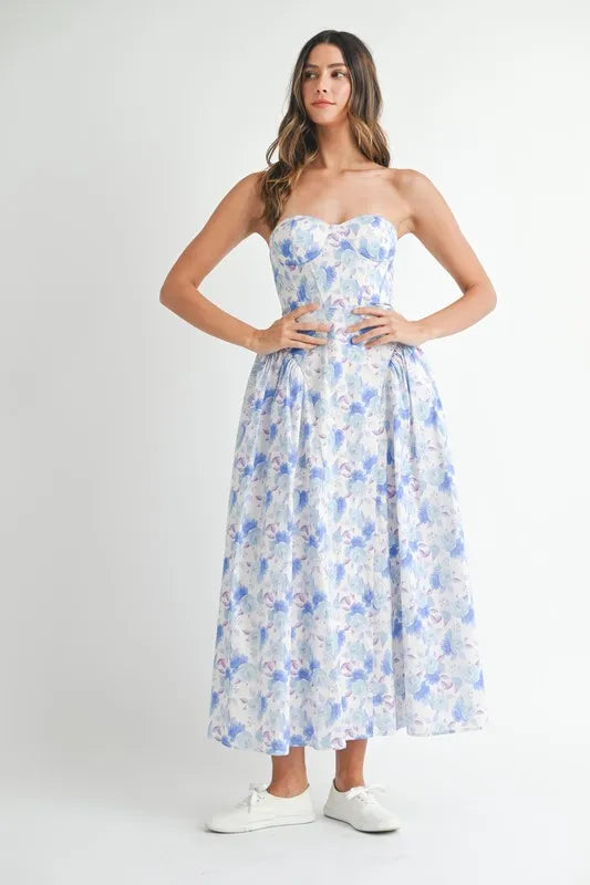 MABLE Sweetheart Neckline Floral Printed Midi Dress 