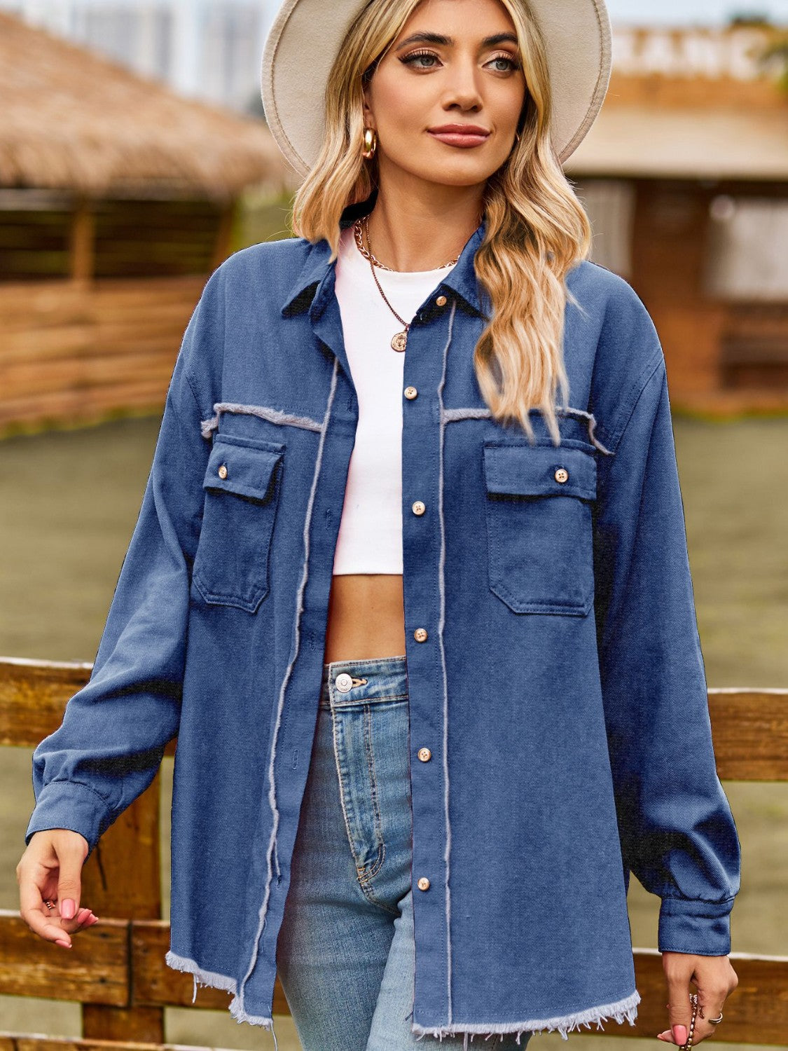 Button Up Collared Neck Raw Hem Denim Top 