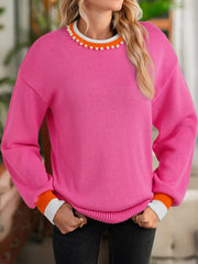 Contrast Crew Neck Pearled Decor Drop Shoulder Knit Sweater 