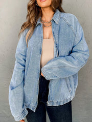 Elastic Edge Collared Zip Up Denim Jacket With Pocket 