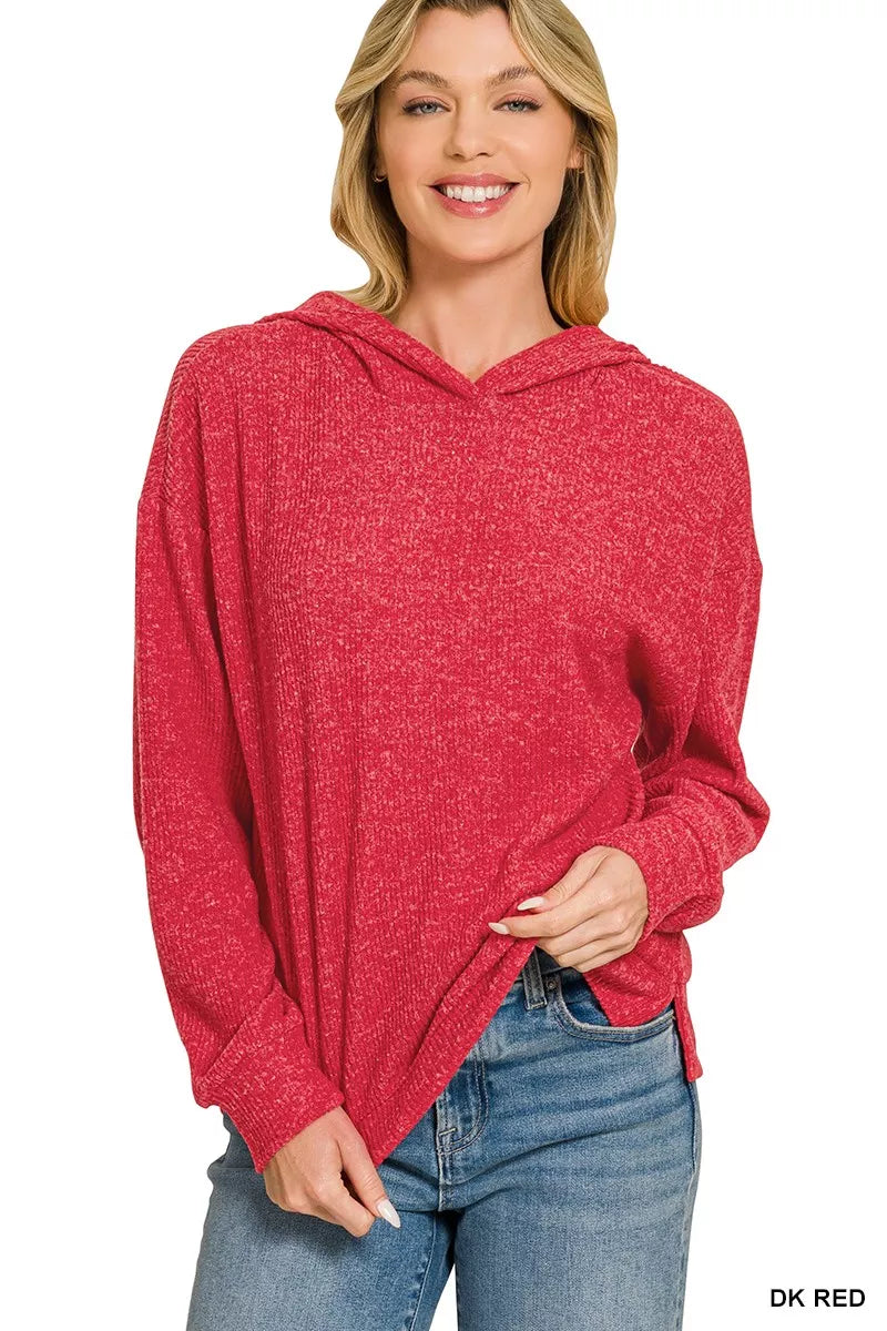 Zenana Brushed Ribbed Hacci Hoodie Pullover 