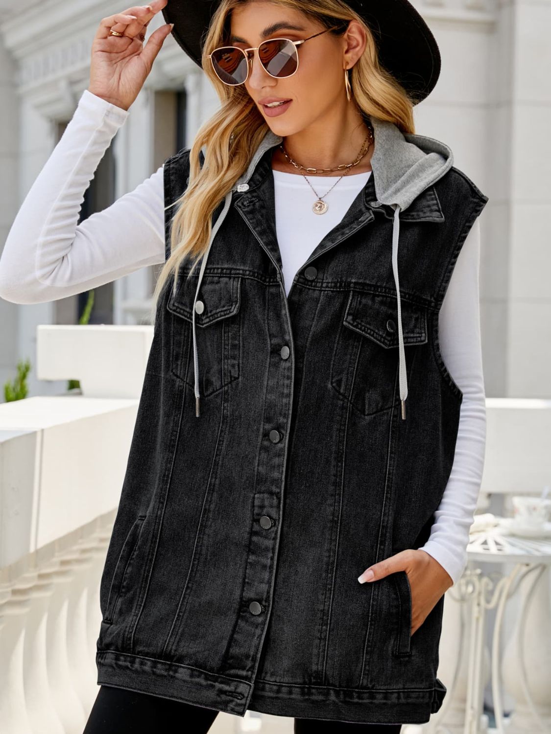 Drawstring Hooded Sleeveless Denim Top with Pockets 