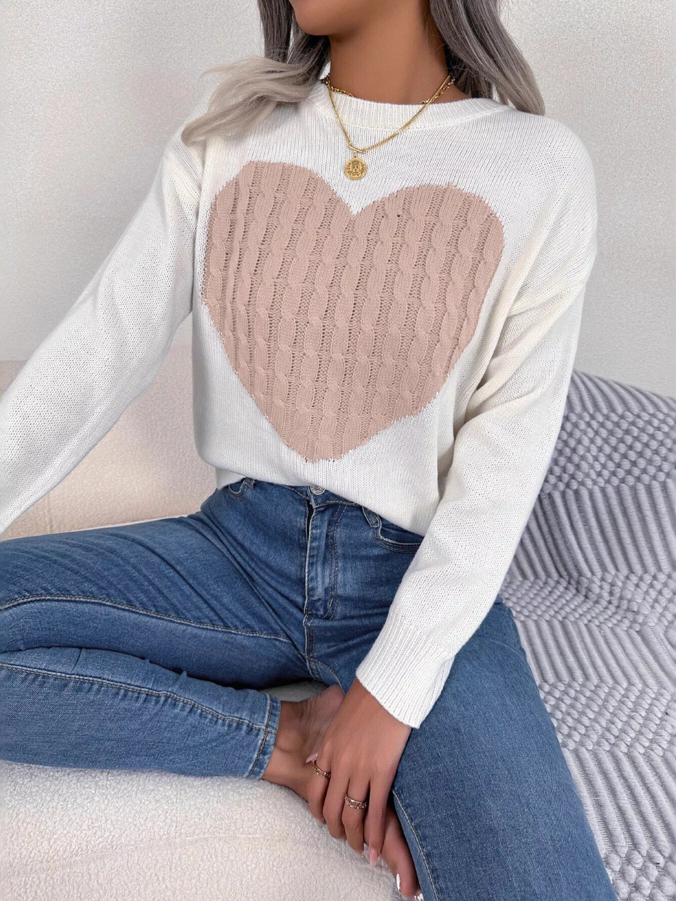 Cable Knit Heart Round Neck Sweater 