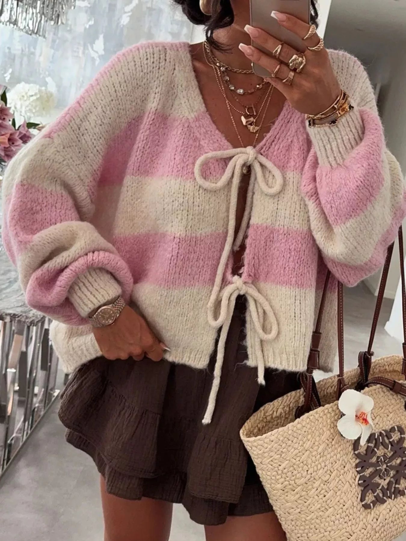 Striped Tie-Front Knit Cardigan 