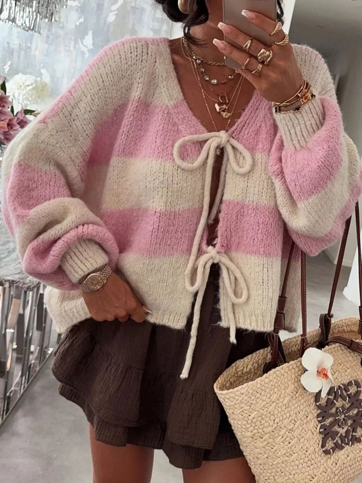 Striped Tie-Front Knit Cardigan 