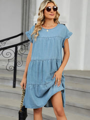 Tiered Round Neck Short Sleeve Denim Dress 