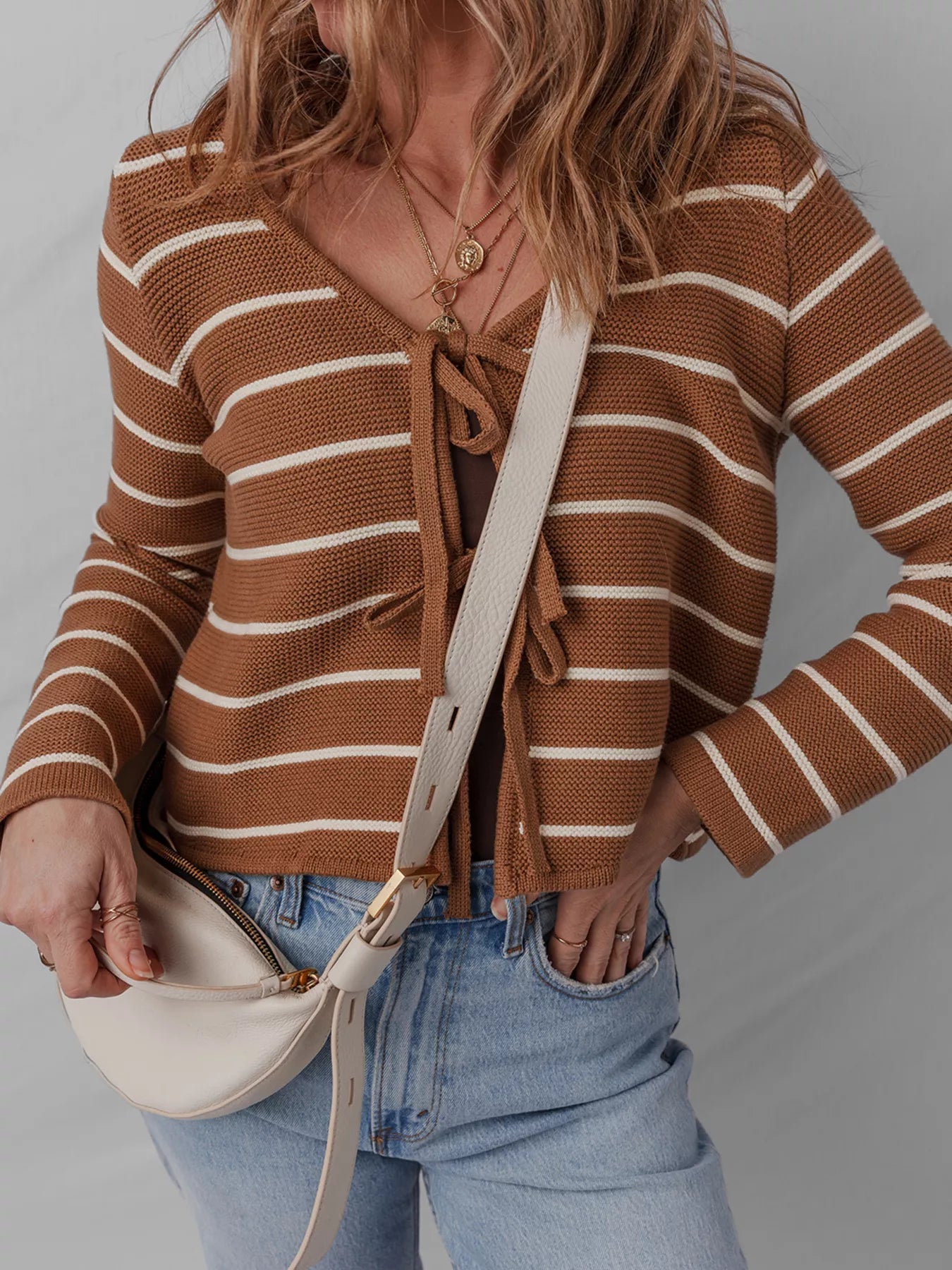 Tie Front Striped Knit V Neck Cardigan 