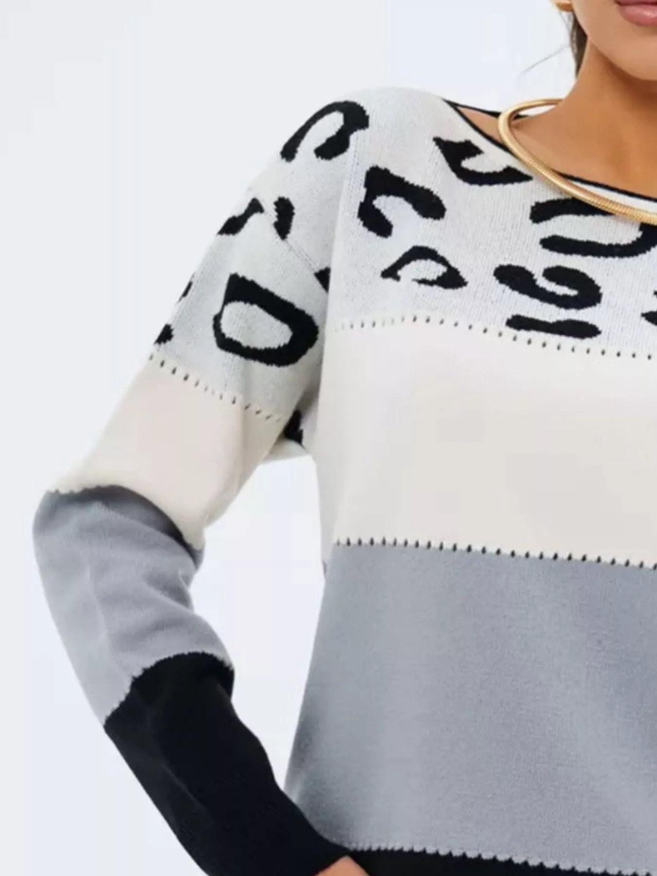 Full Size Leopard Color Block Long Sleeve Sweater Plus Size 