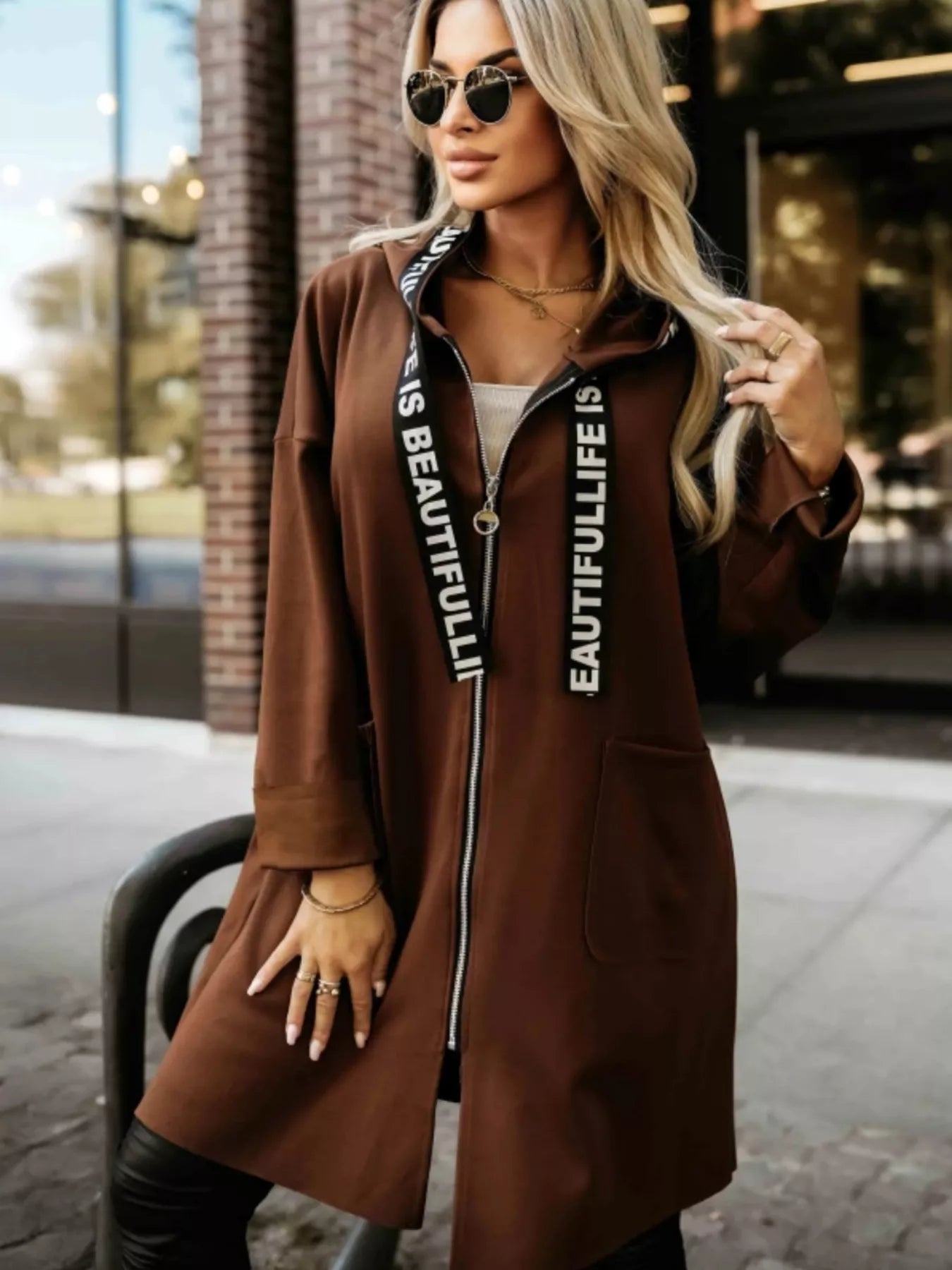 Full Size Casual Hooded Zip-Up Longline Outerwear Plus Size 