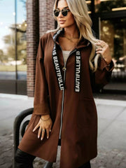Full Size Casual Hooded Zip-Up Longline Outerwear Plus Size 