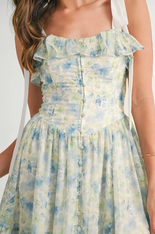 MABLE Floral Printed Shoulder Strap Midi Dress 