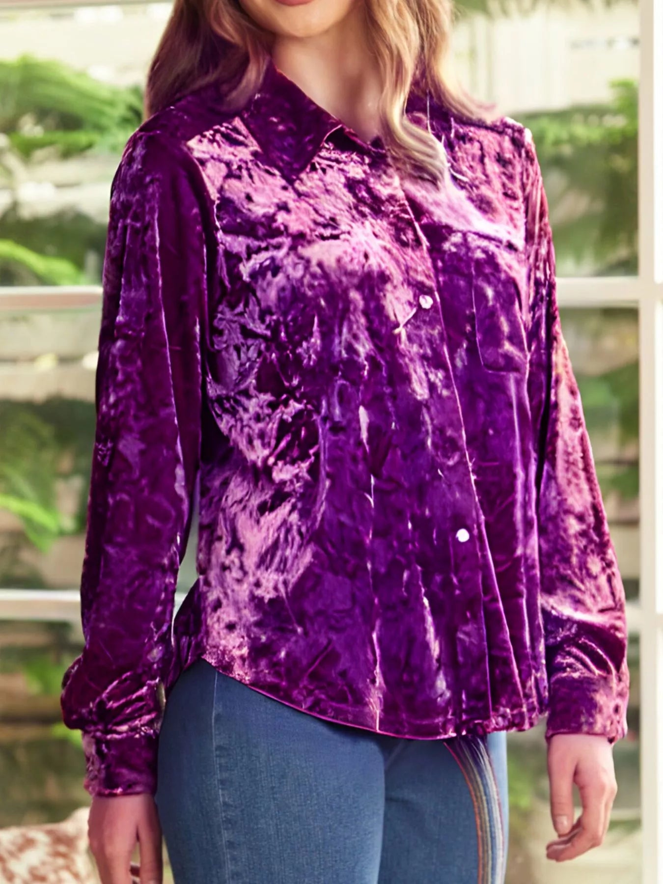 Velvet Button-Down Long Sleeve Shirt 