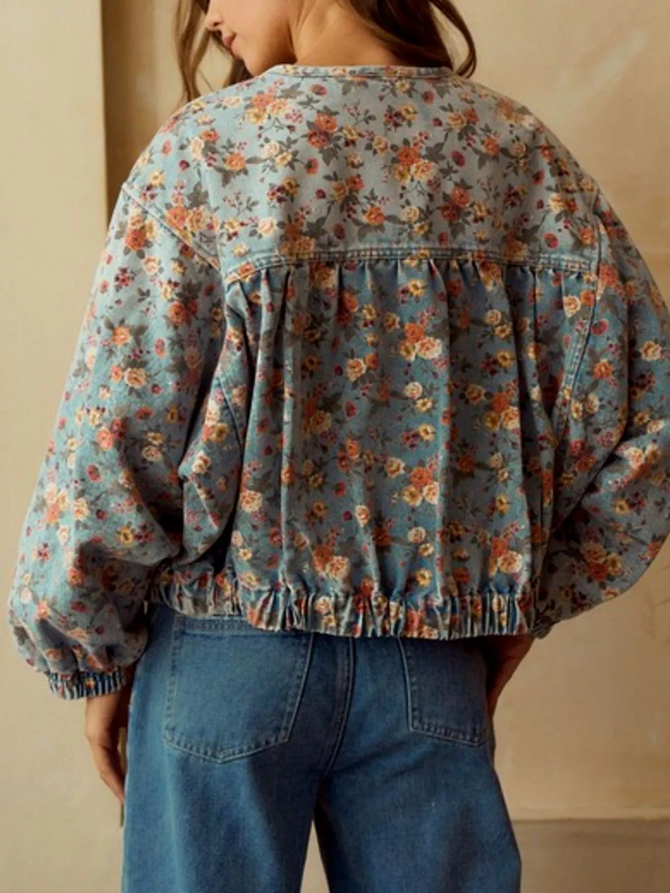 Floral Print Zip Up Cropped Denim Jacket 