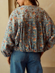 Floral Print Zip Up Cropped Denim Jacket 