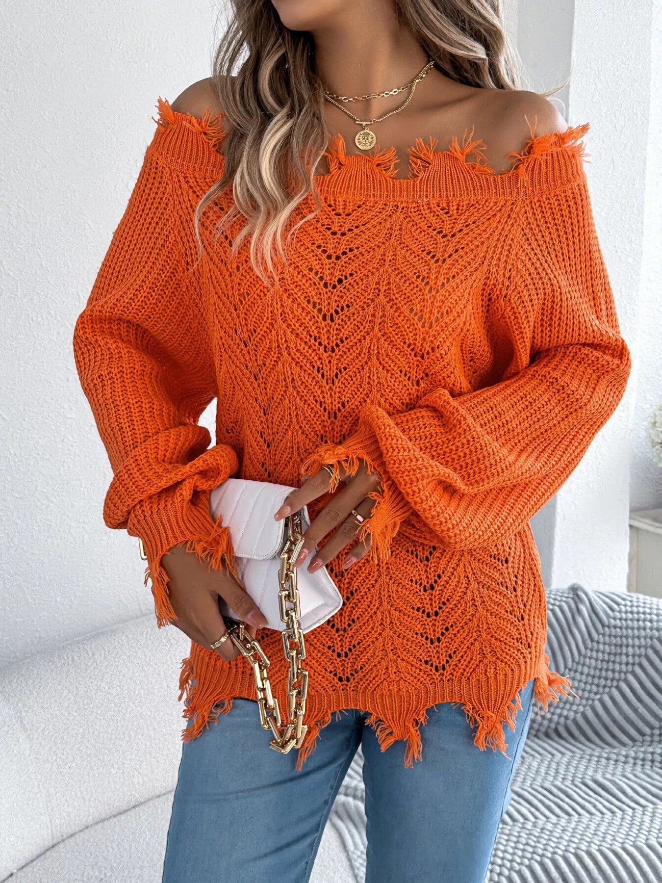 Distressed Hem Openwork Off-Shoulder Sweater 