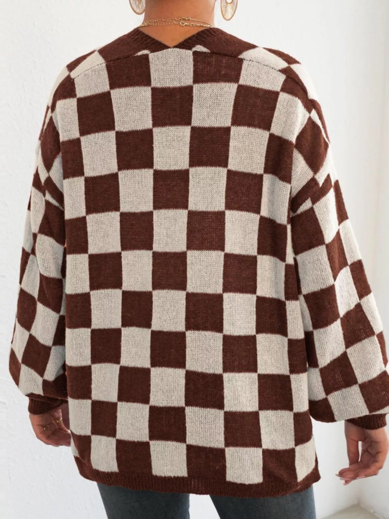 Checkerboard Pattern Open Front Knit Cardigan 