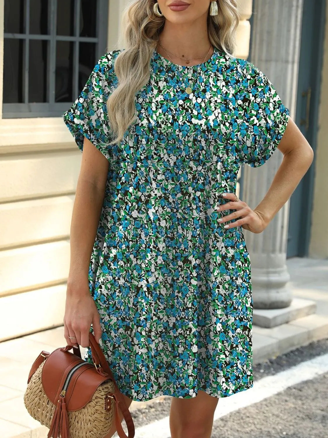Printed Round Neck Short Sleeve Mini Dress 