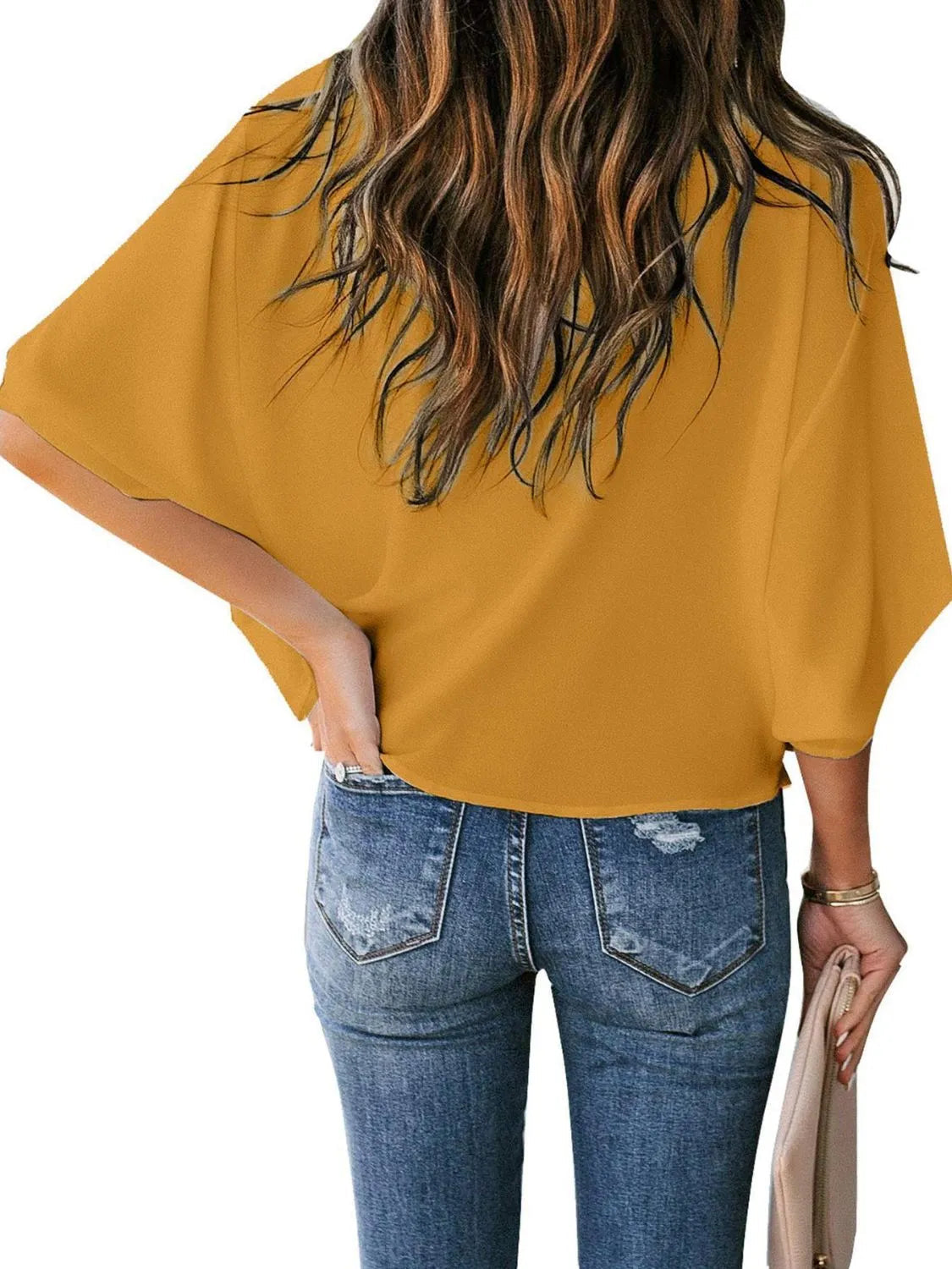 Full Size Ruched Three-Quarter Sleeve Blouse Plus Size 