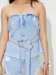 Buttoned Raw Hem Tube Denim Top 
