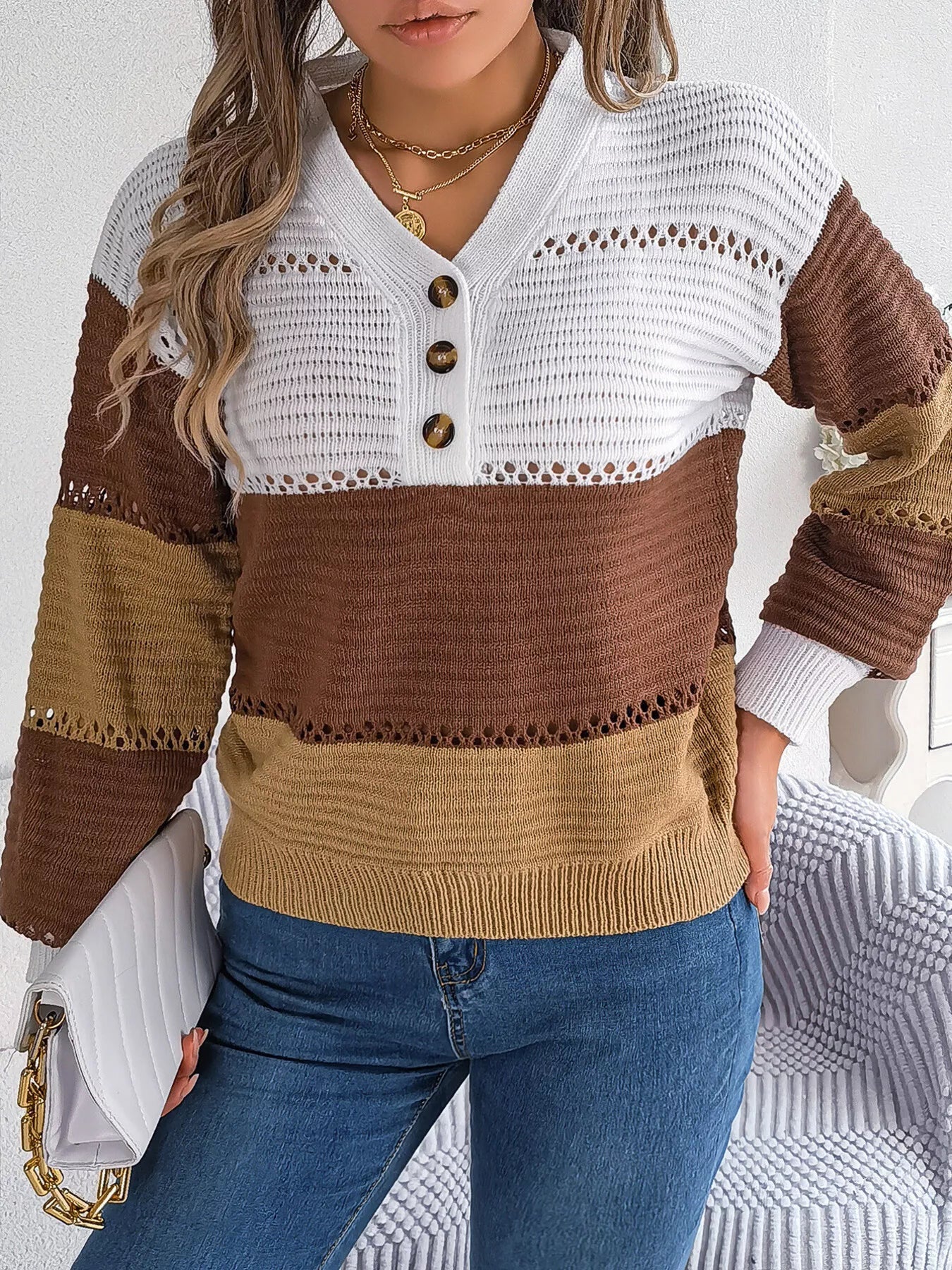 Color Block Striped V-Neck Button Detail Sweater 
