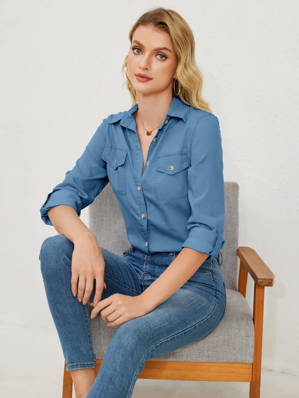 Pocketed Button Up Long Sleeve Denim Shirt 