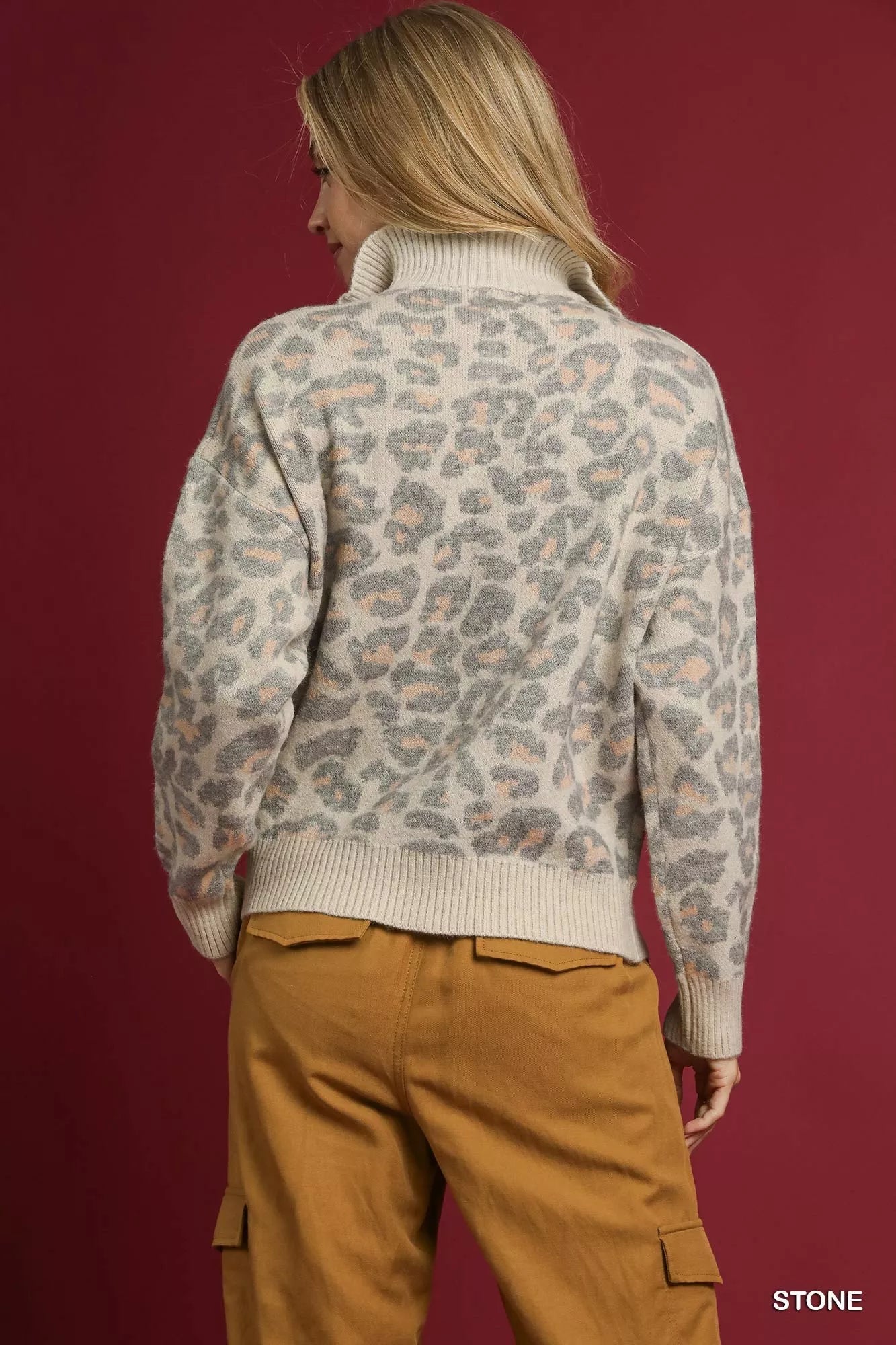 Umgee Leopard Print Quarter-Zip Knit Sweater 