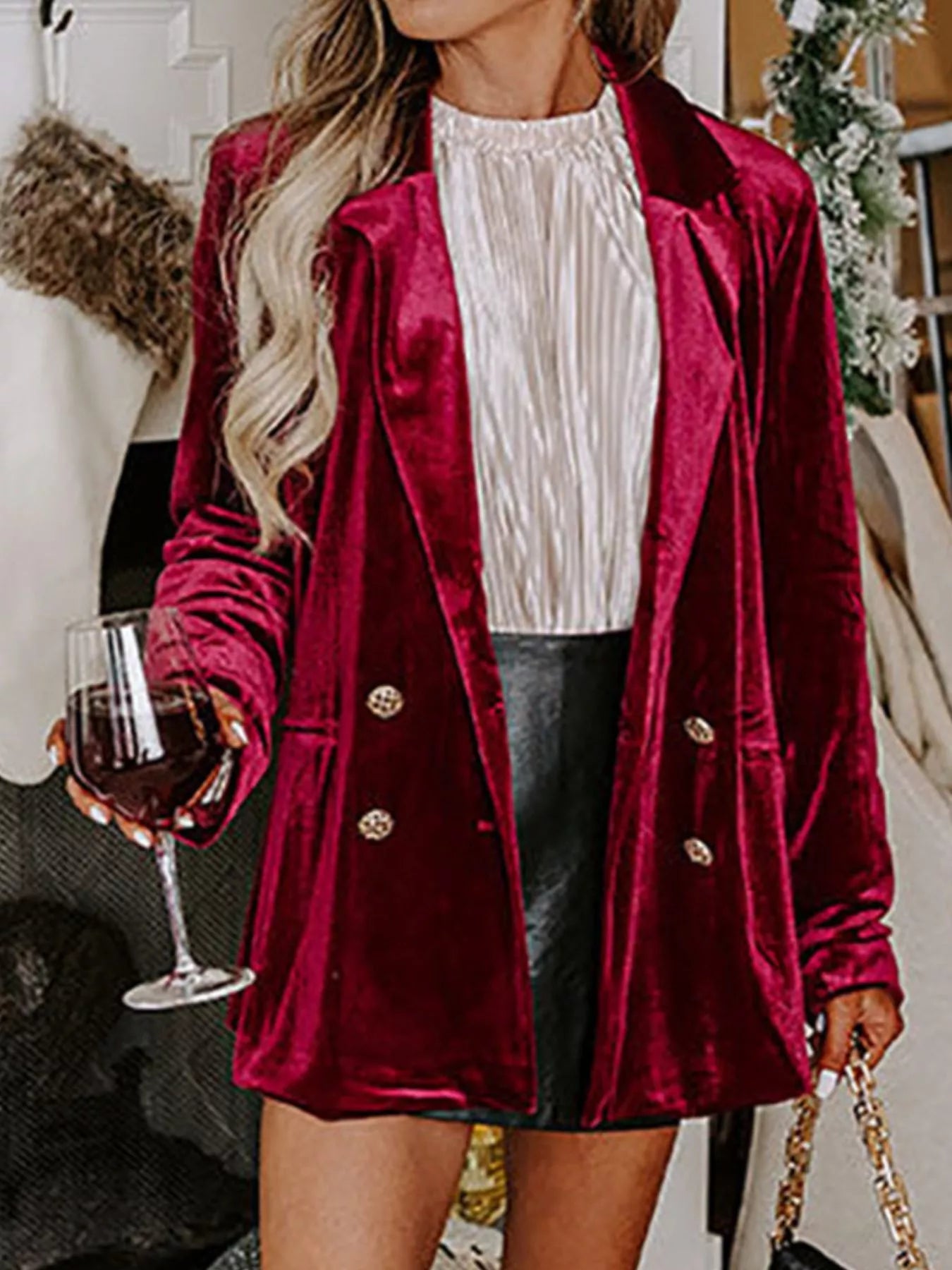 Velvet Lapel Collar Button Up Blazer 