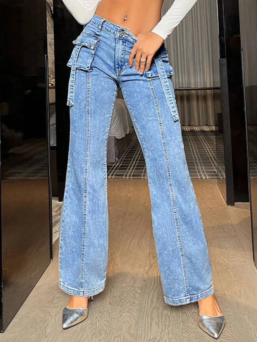 Mid Rise Straight Jeans with Cargo Pockets 