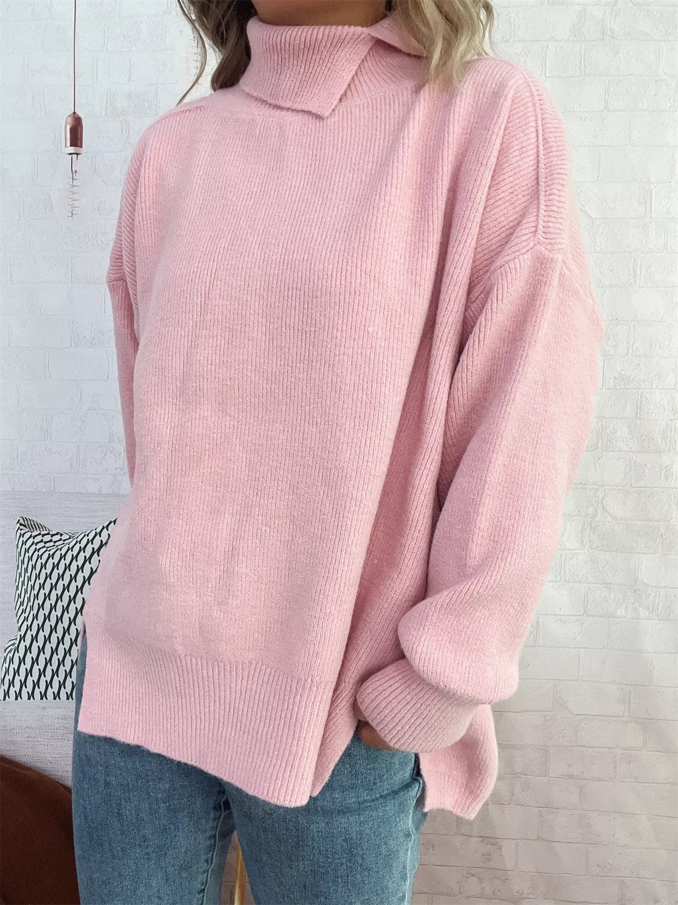 Slit Turtleneck Long Sleeve Sweater 