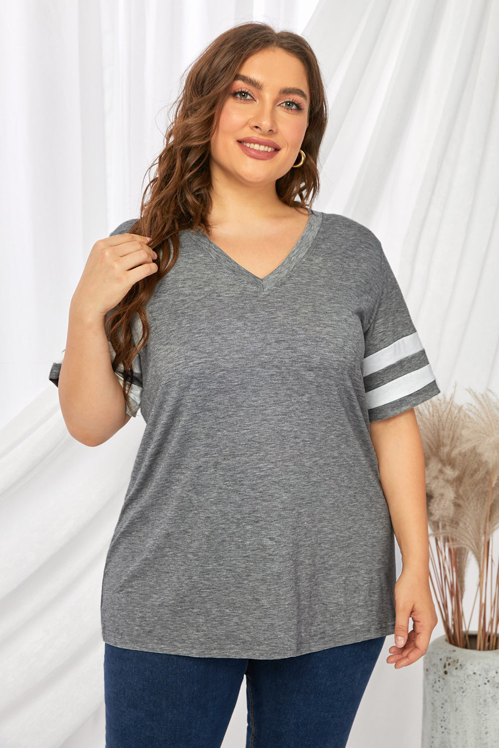 Plus Size Striped V-Neck Tee Shirt 