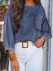 3/4 Sleeve Ruffled Patched Pocket Denim Blouse 