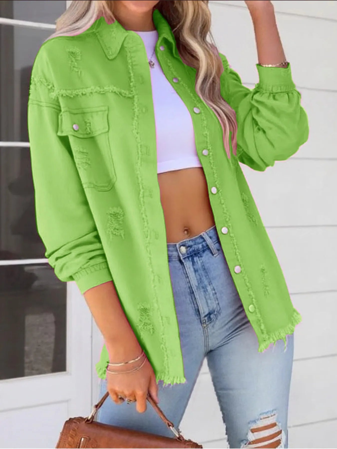 Distressed Denim Jacket with Frayed Edges 