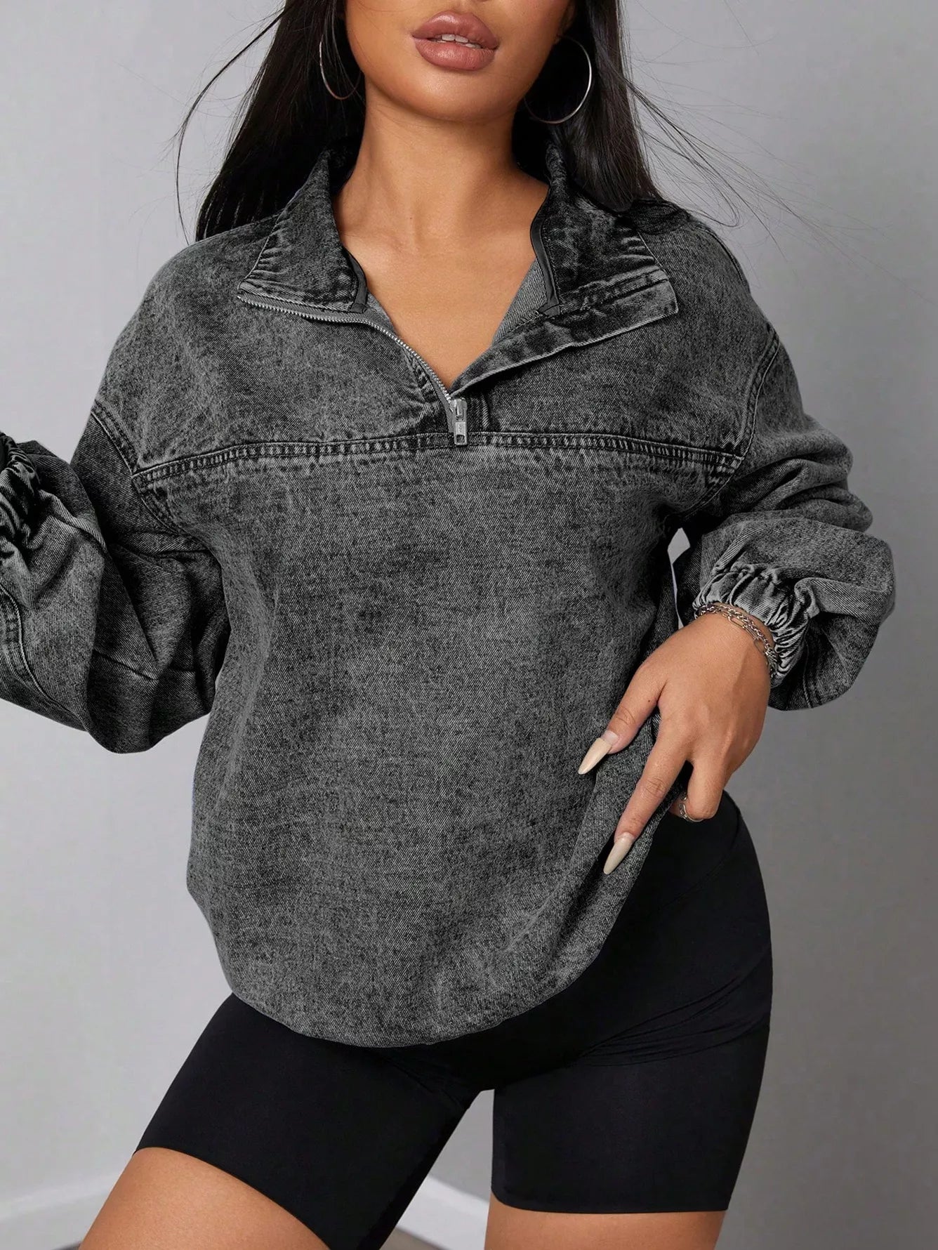 Elastic Hem Quarter Zip Denim Top 