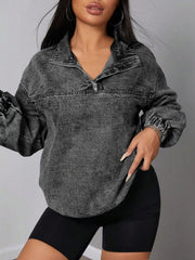 Elastic Hem Quarter Zip Denim Top 