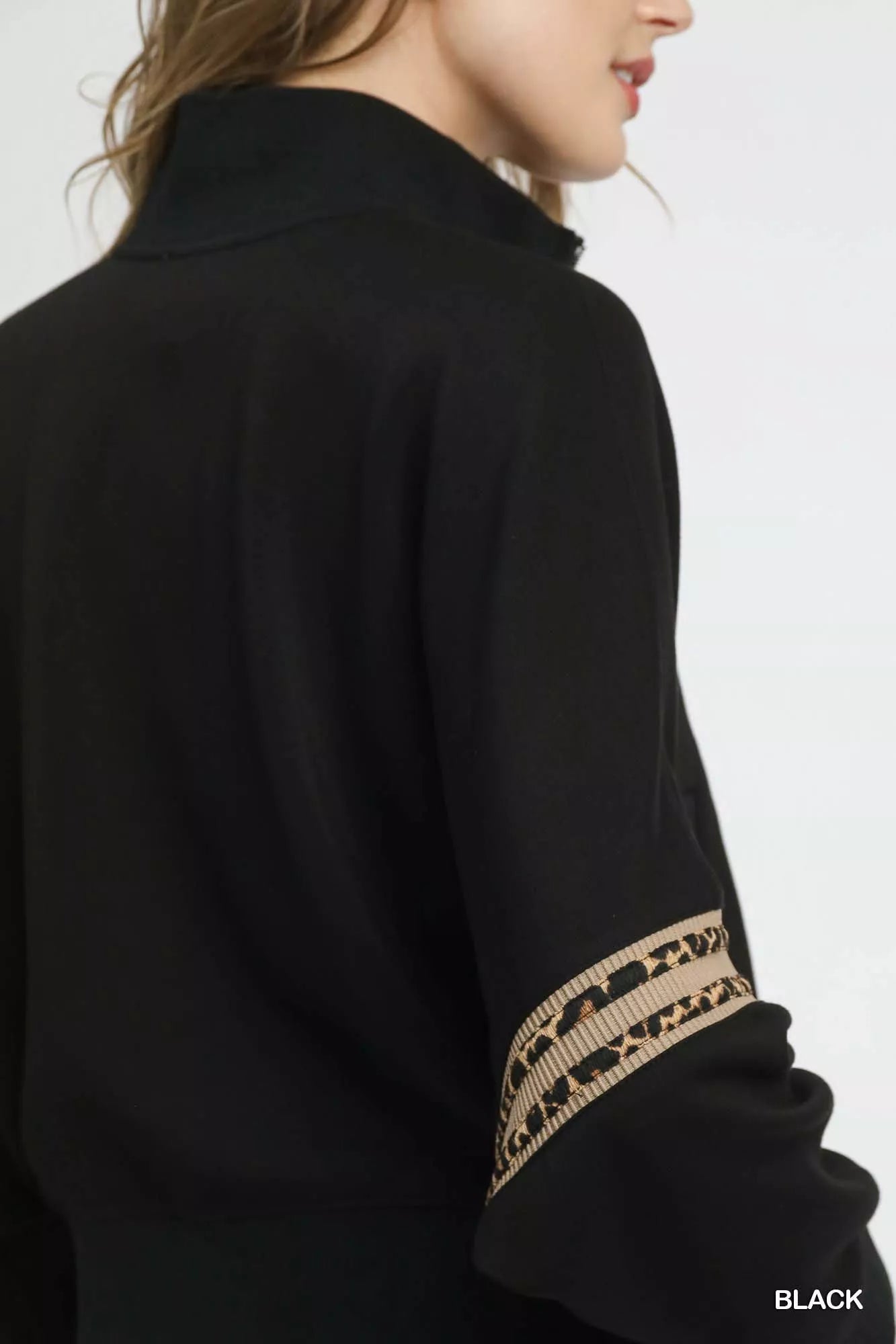 Umgee Zipper Up Cropped Jacket with Leopard Trim 
