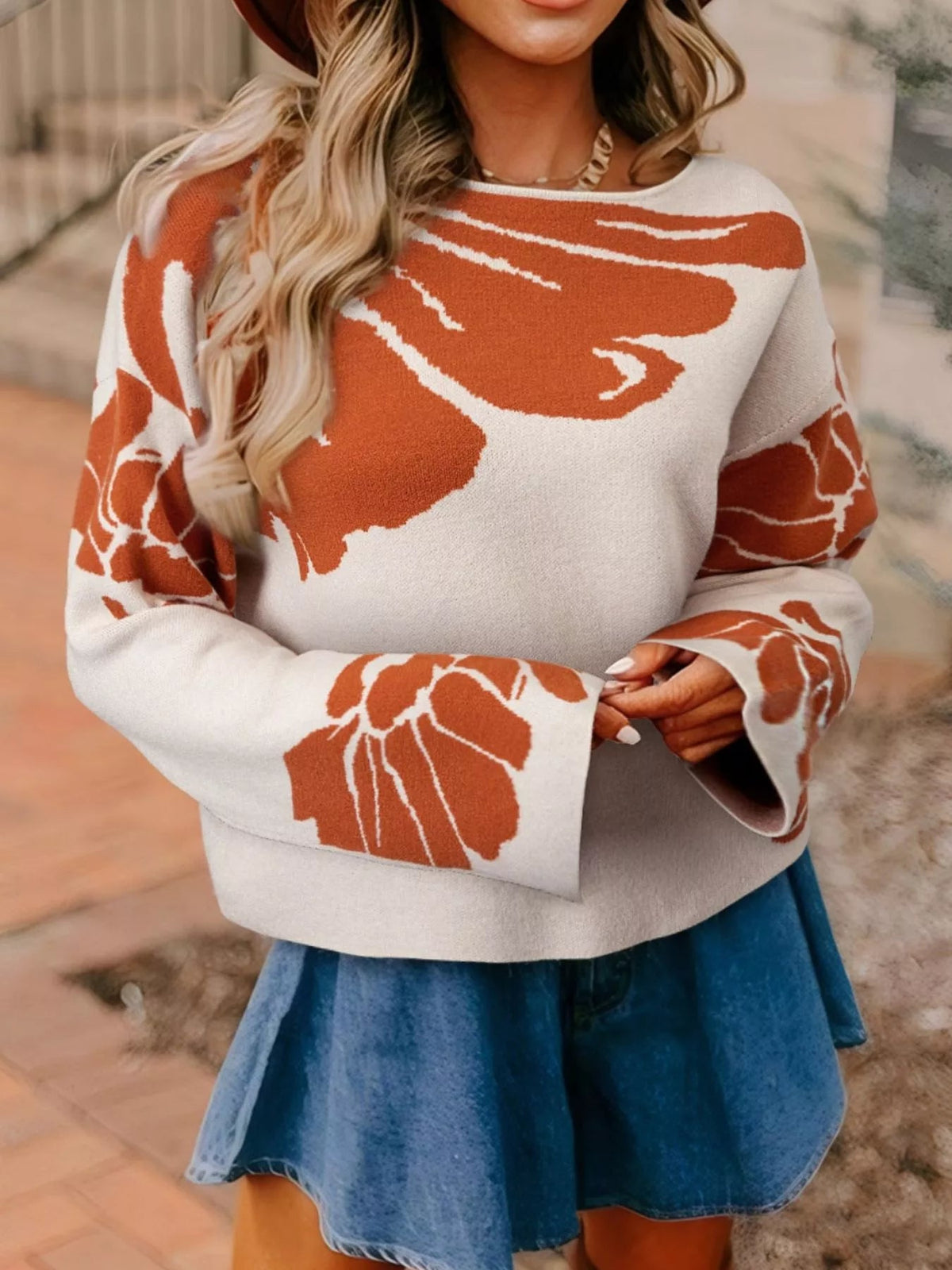 Flower Pattern Wide Sleeve Baggy Sweater 