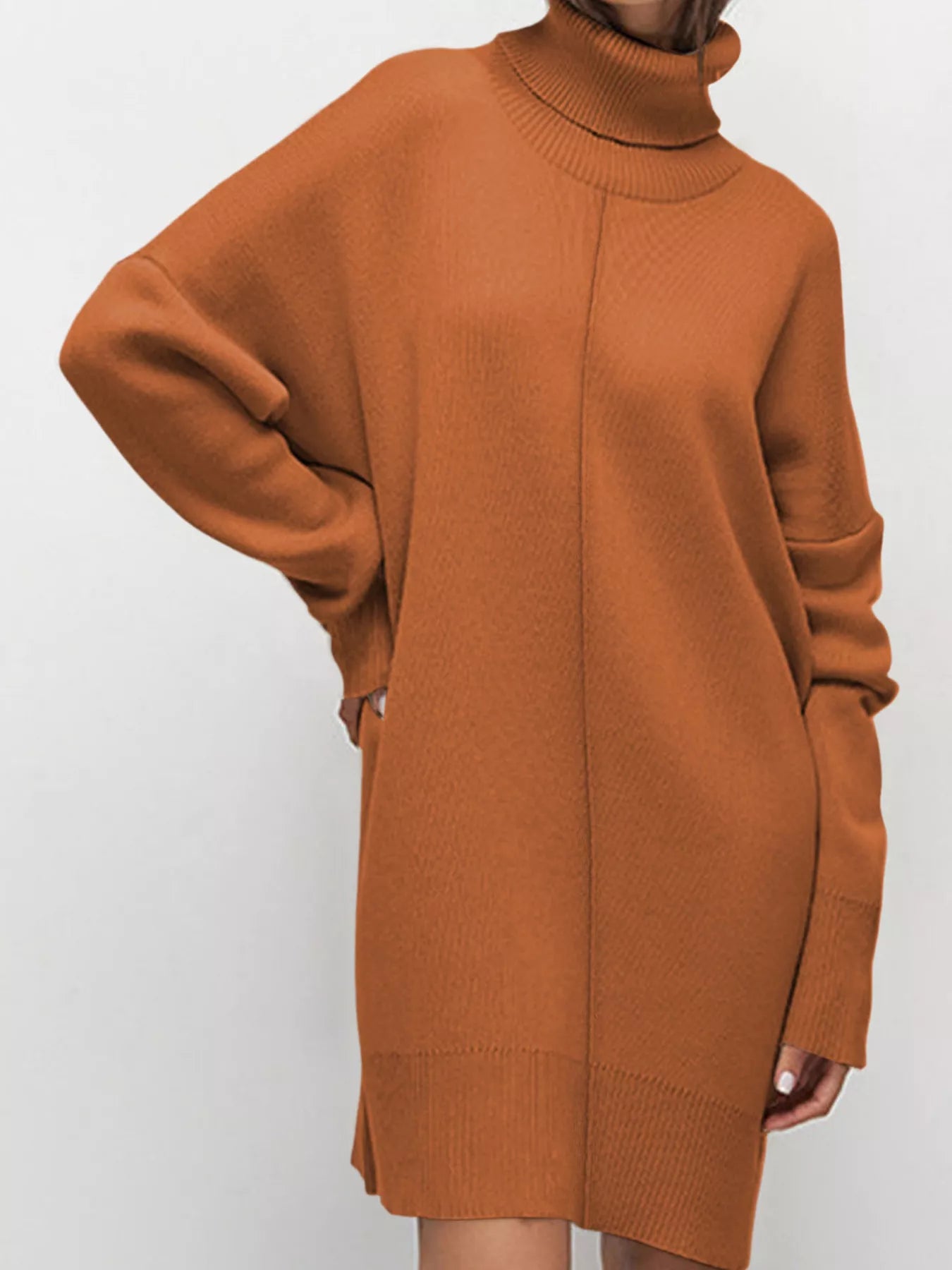 Solid Color Turtleneck Drop Shoulder Loose Sweater Dress 